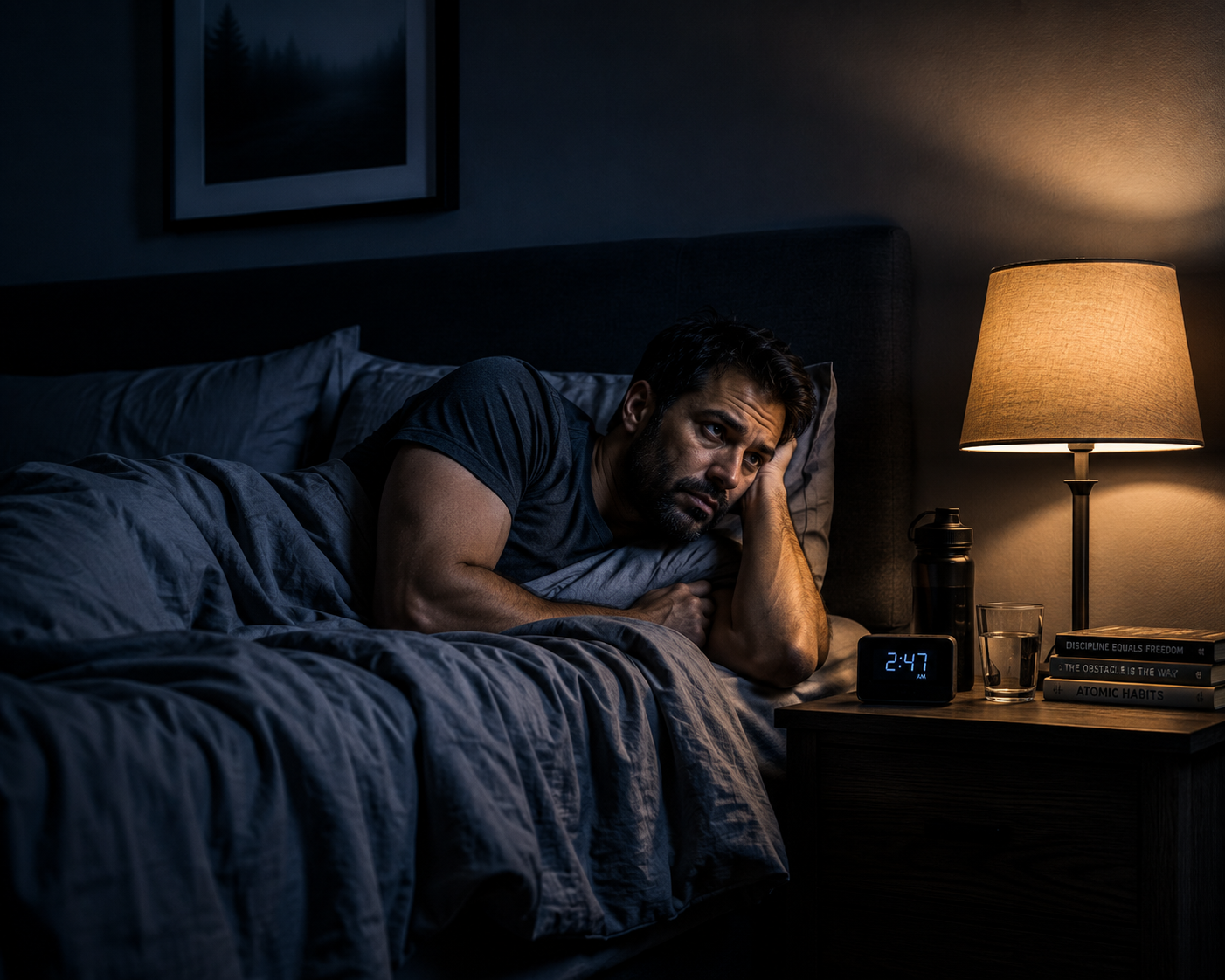 Man lying awake in bed