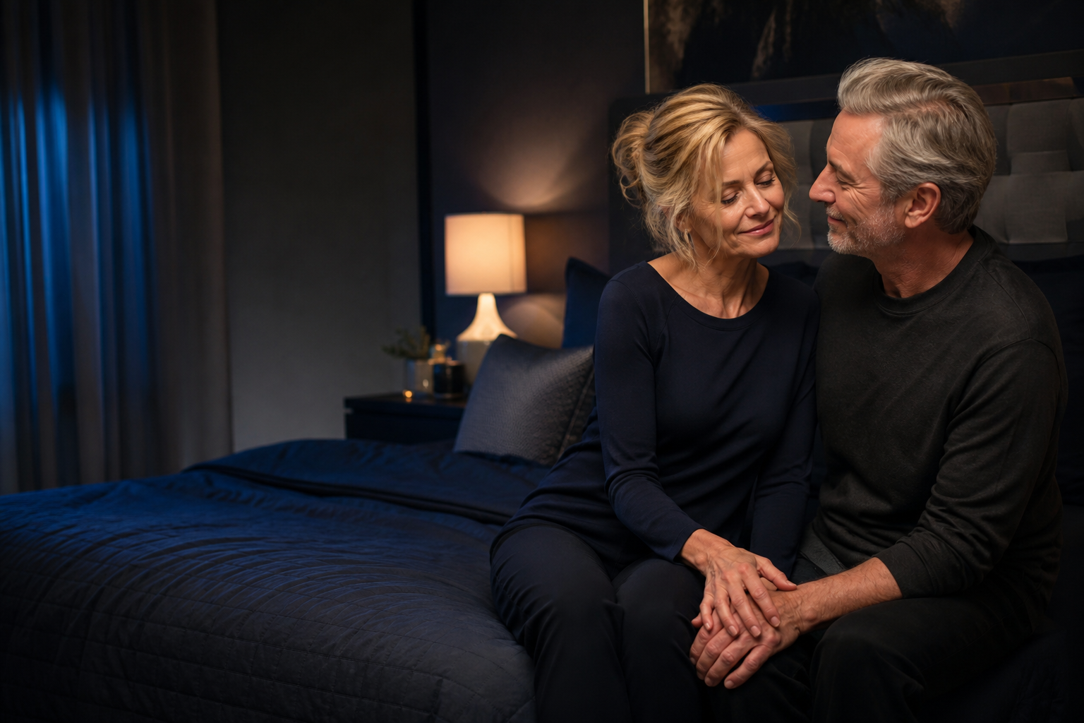 A mature couple sharing a quiet, connected moment