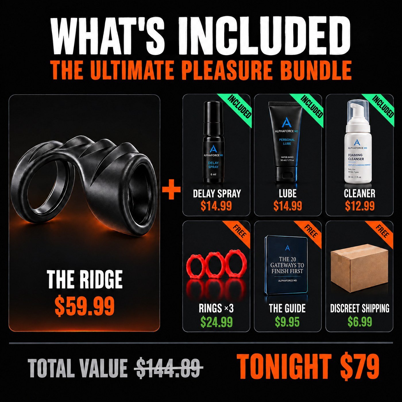 What's included in the Ultimate Pleasure Bundle: The Ridge, delay spray, lube, cleaner, free rings, free guide, free discreet shipping